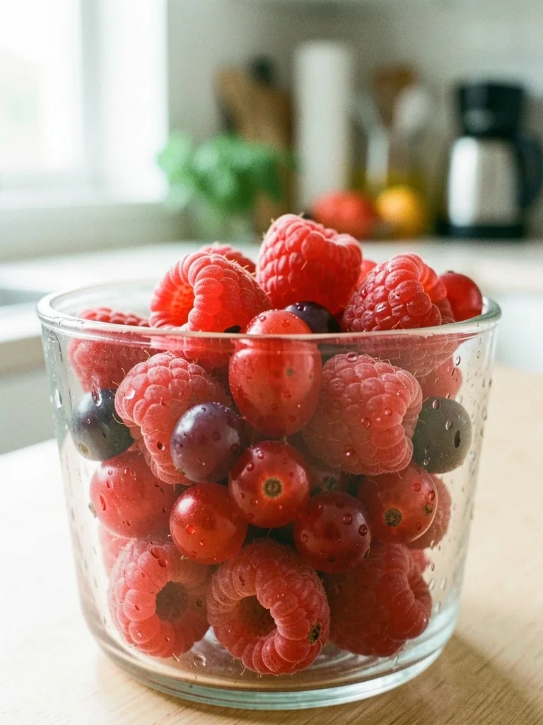 Frutos rojos en recipiente de cristal